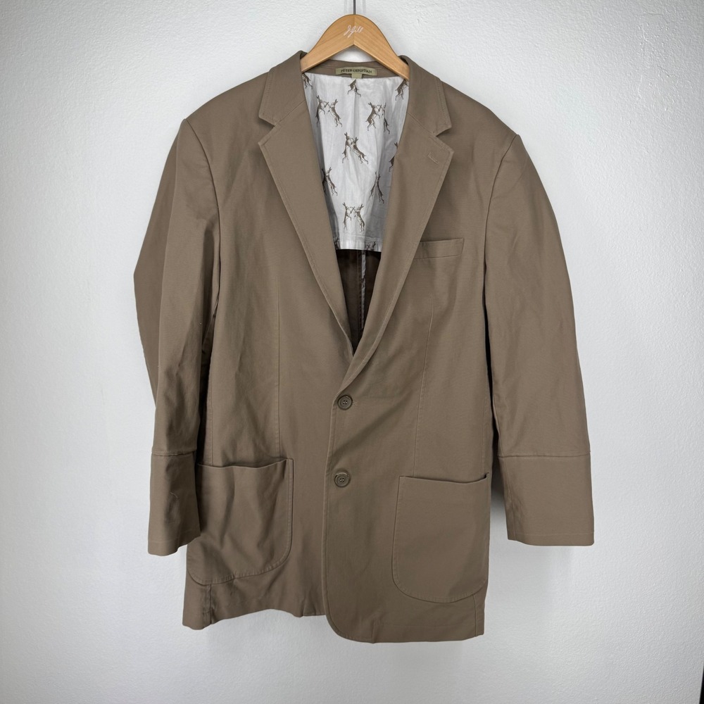 Peter‎ Christian Mens Blazer Jacket Size 44L Tan Cotton Patch Pocket Old Money